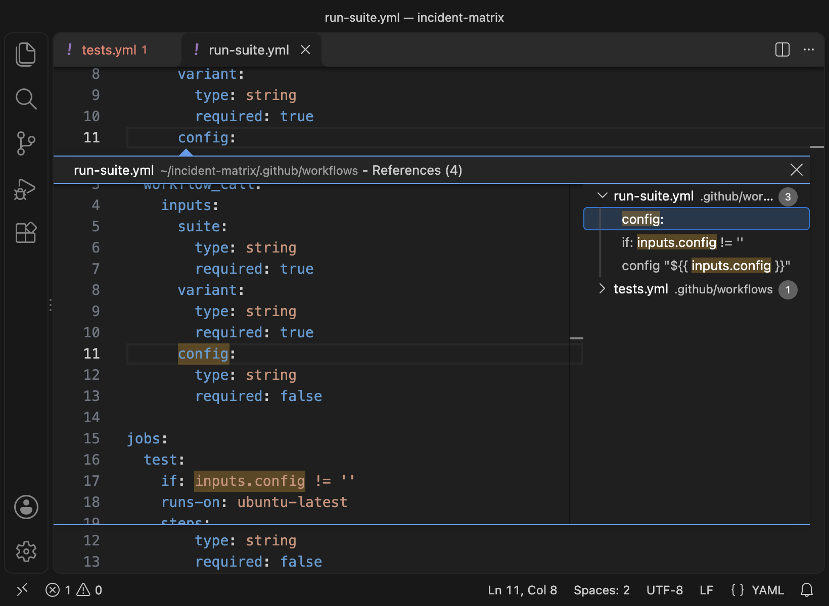 VS Code peek references on the config input of run-suite.yml: its declaration, two reads and the caller in tests.yml that passes it